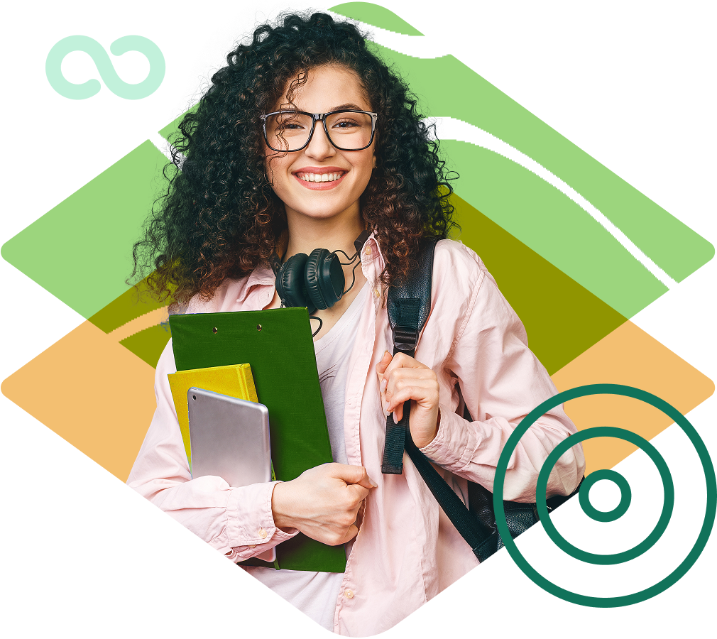 High school student holding books and smiling in a flexible online charter school program.